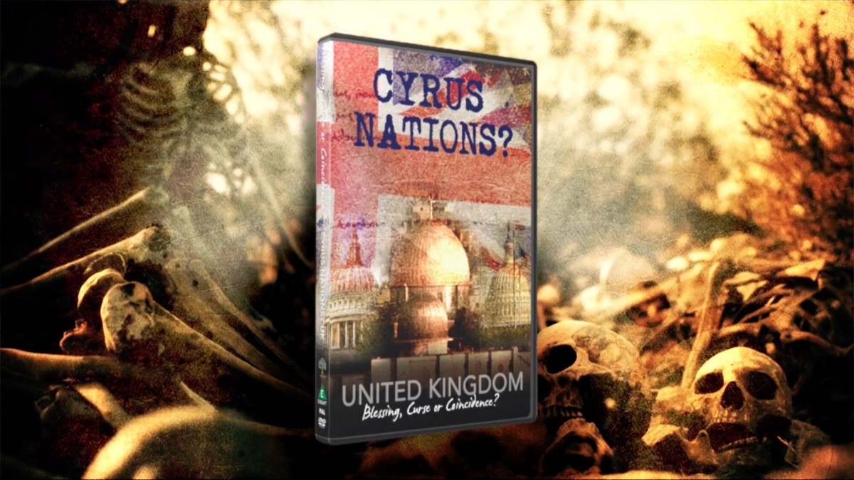 Cyrus Nations DVD cover, showing the Union Jack over Jerusalem, London, and Washington landmarks